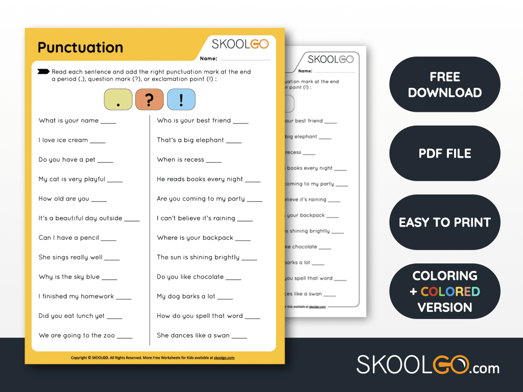 Free download of Punctuation Practice Worksheet, colorful PDF file easy to print, with coloring and colored version for kids