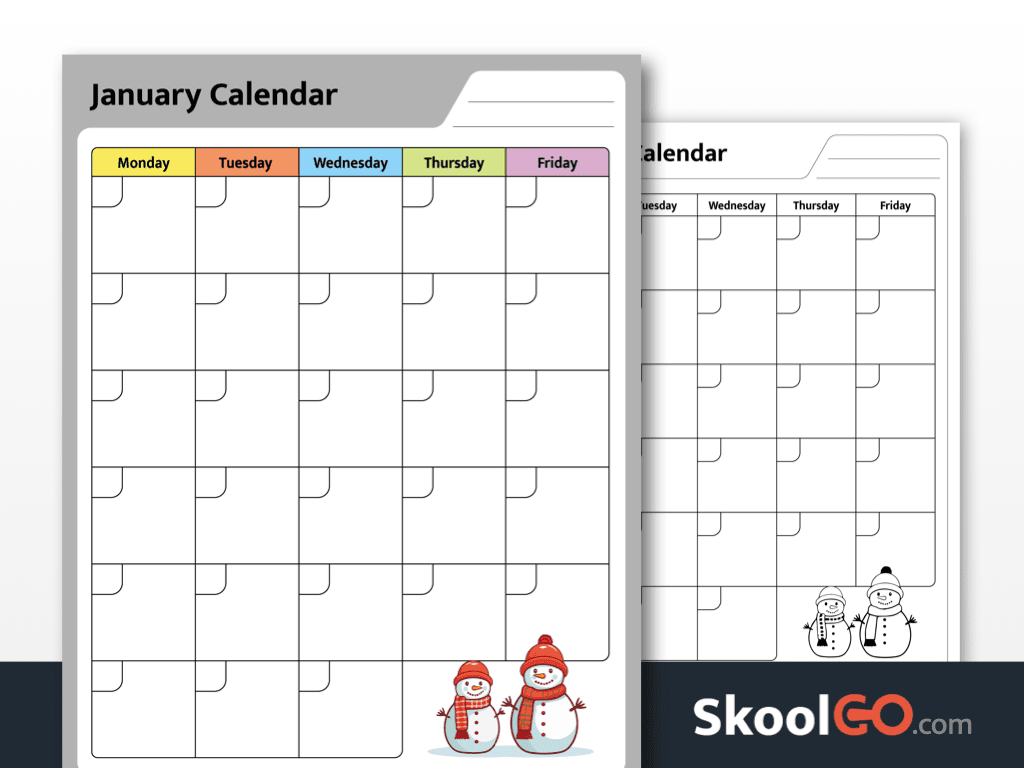 Preview image of the January Calendar worksheet for PK–4, showing both color and black & white printable pages.