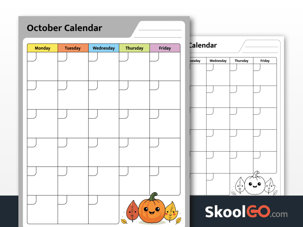 This is a preview image of the October Calendar worksheet for Grades PK–4, showing both color and black & white printable pages.