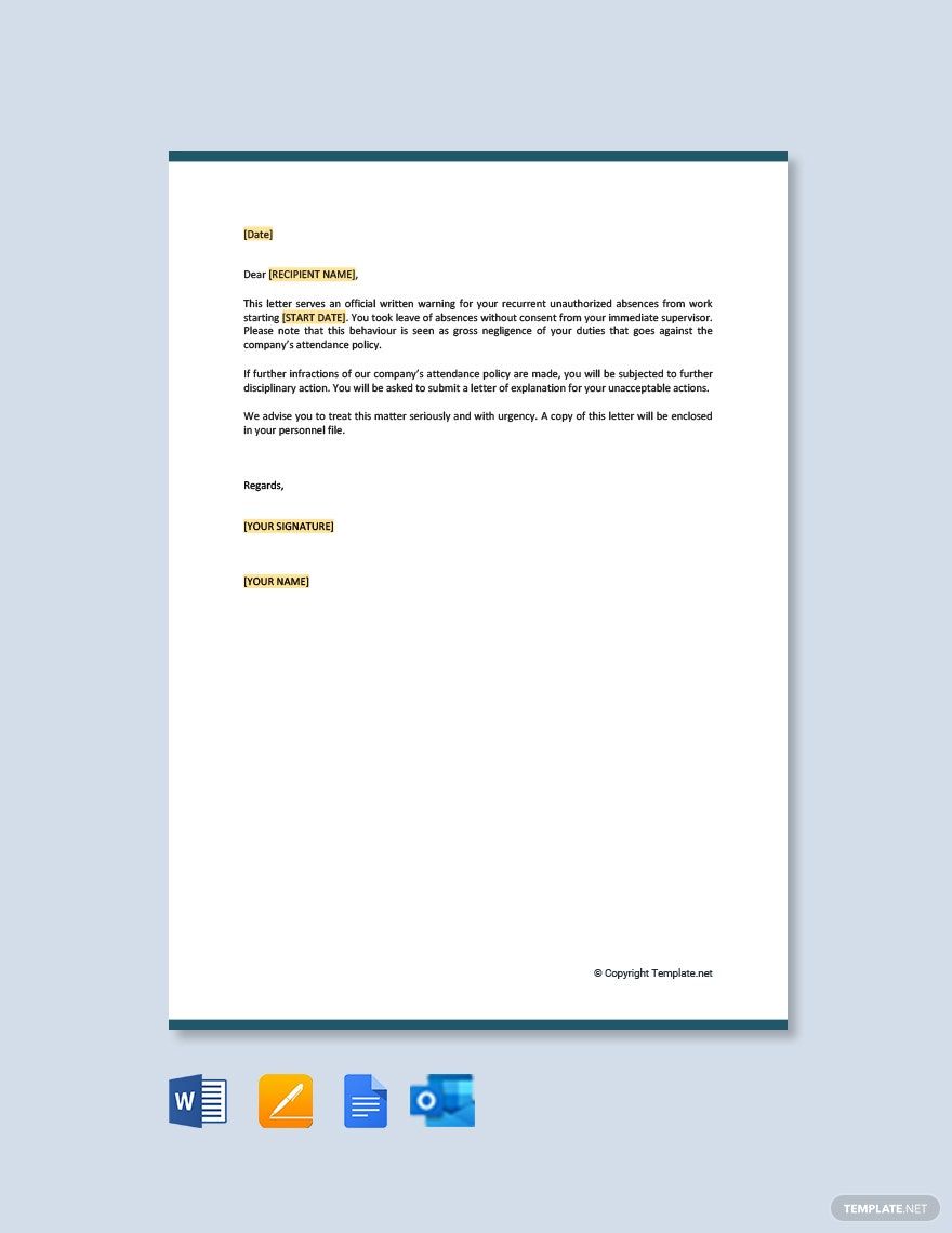 Warning Letter to Employee For Attendance in Google Docs, Pages, Word, Outlook, PDF - Download | Template.net