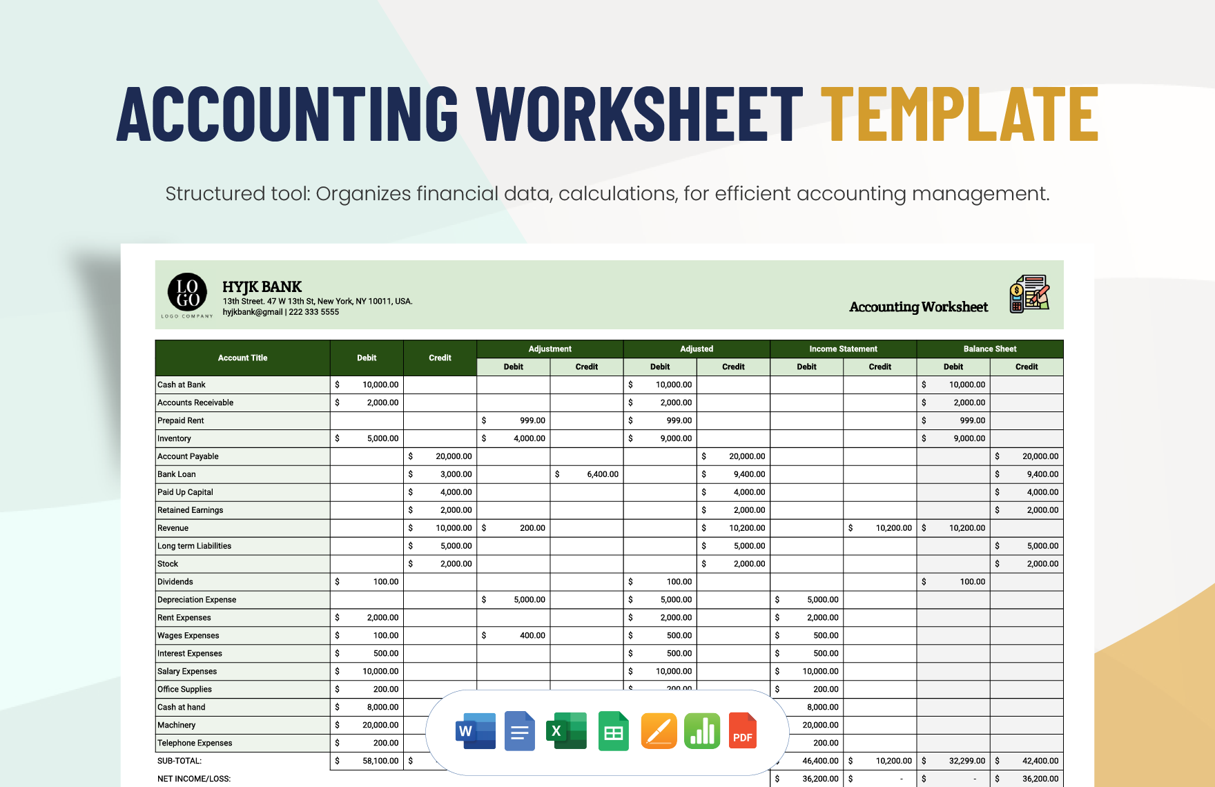 Accounting Worksheet Template in Apple Pages, Word, Apple Numbers, Google Docs, PDF, Excel, Google Sheets - Download | Template.net