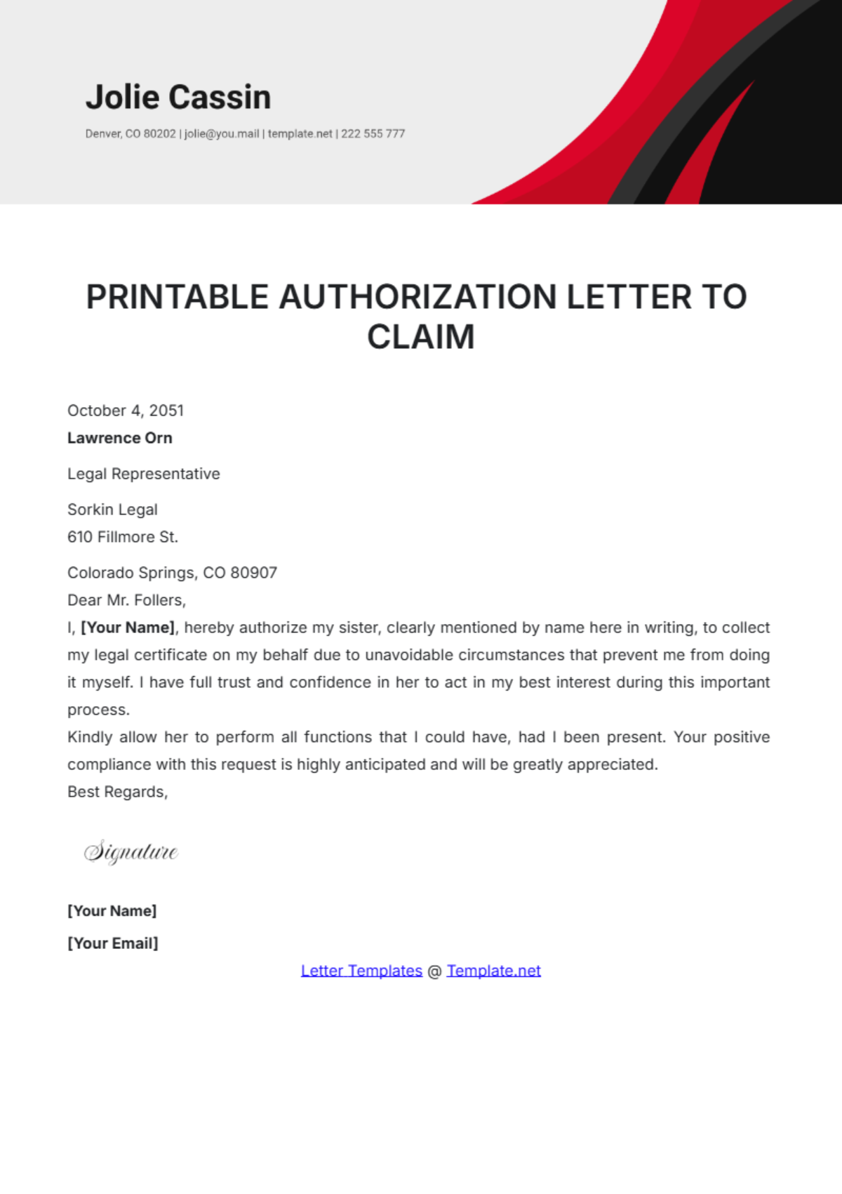 Free Printable Authorization Letter to Claim Template