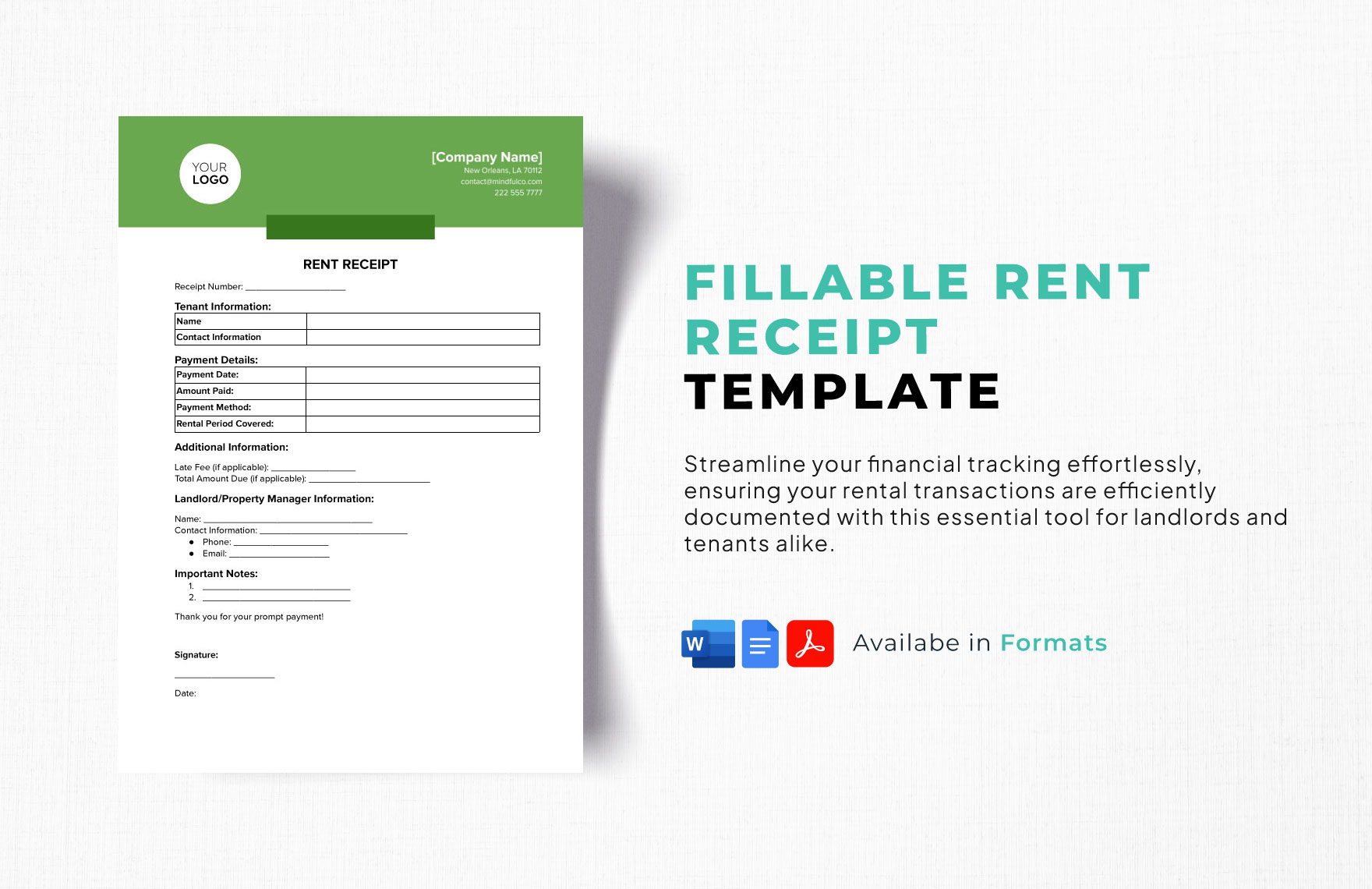 Fillable Rent Receipt Template in Word, PDF, Google Docs - Download | Template.net