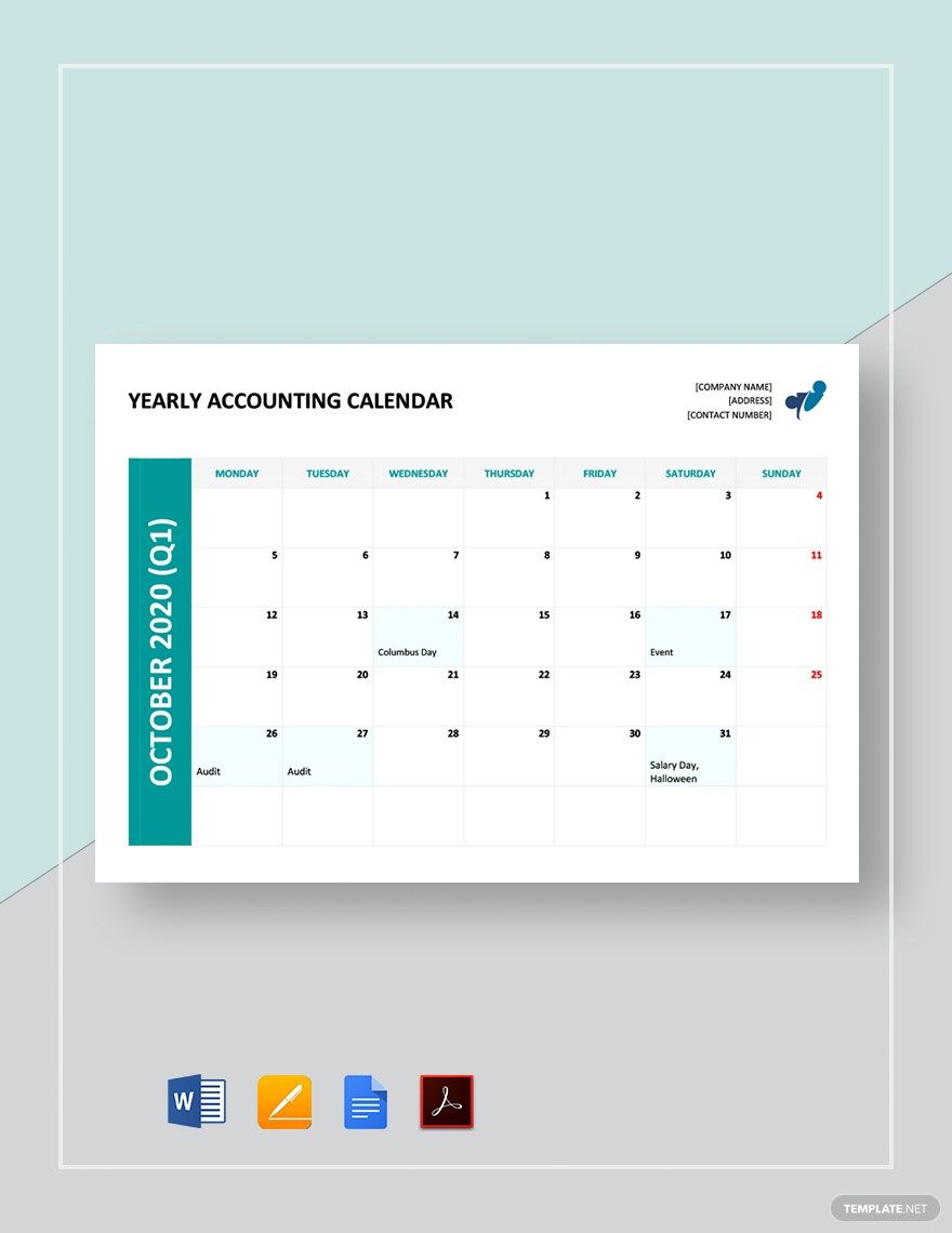 Yearly Accounting Calendar Template in Pages, Word, Google Docs, PDF - Download | Template.net