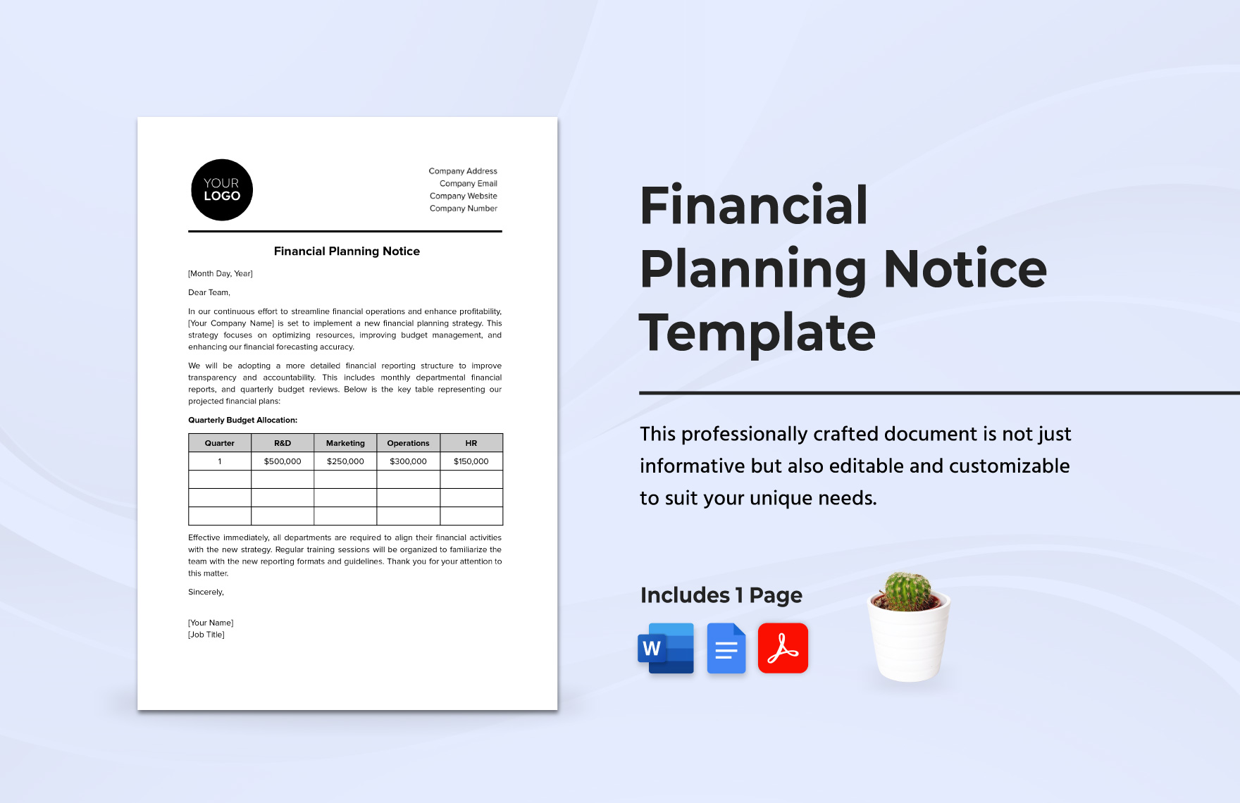 Financial Planning Notice Template