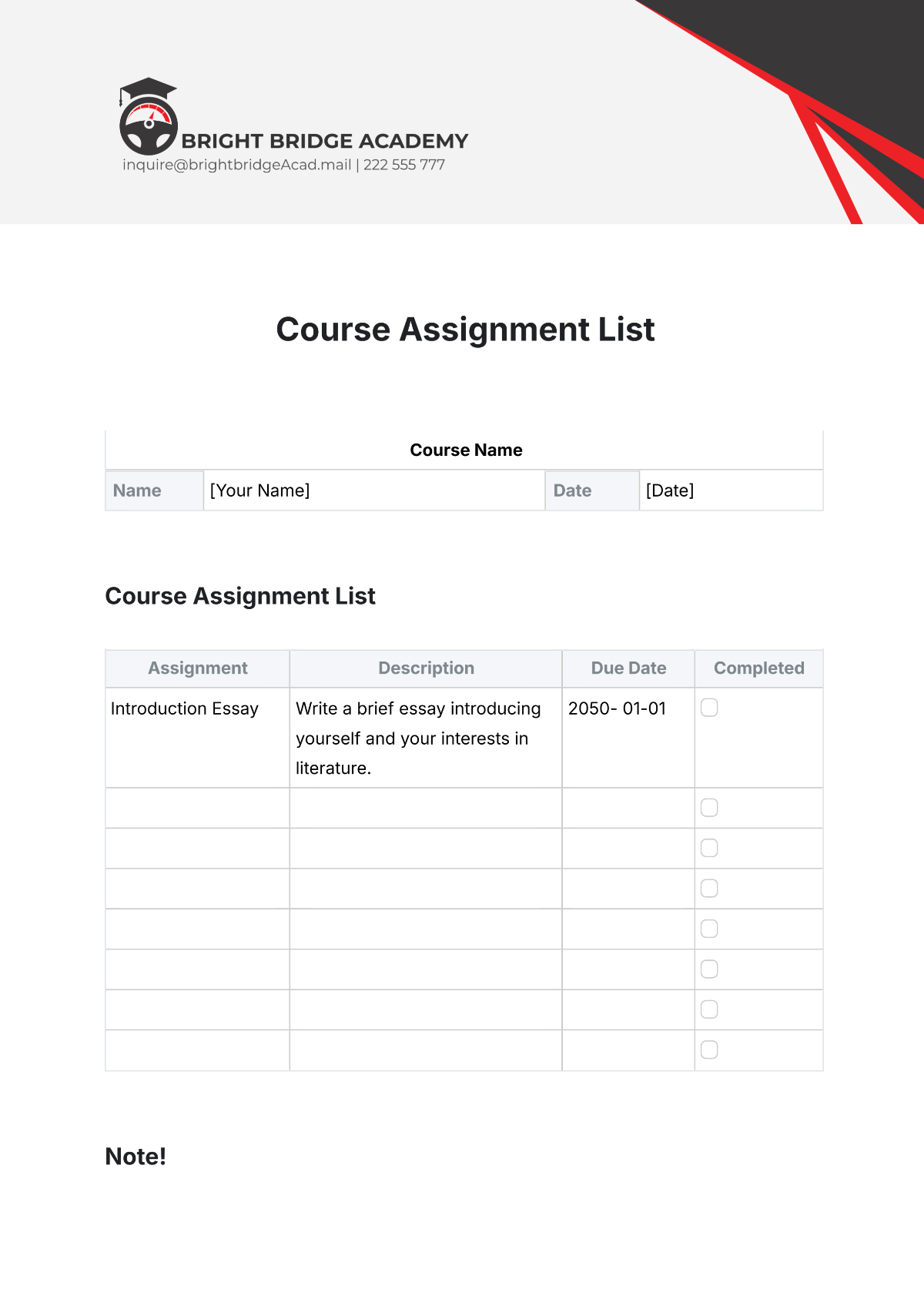 Course Assignment List Template - Edit Online & Download