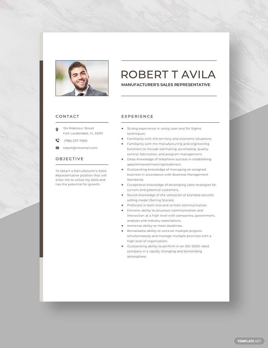 Manufacturer's Sales Representative Resume in Word, Pages - Download | Template.net