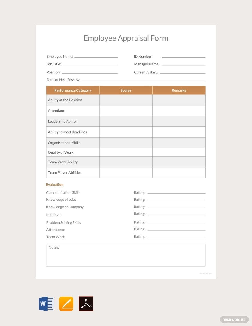 Printable Employee Appraisal Form Template in Word, Pages, PDF, Google Docs - Download | Template.net