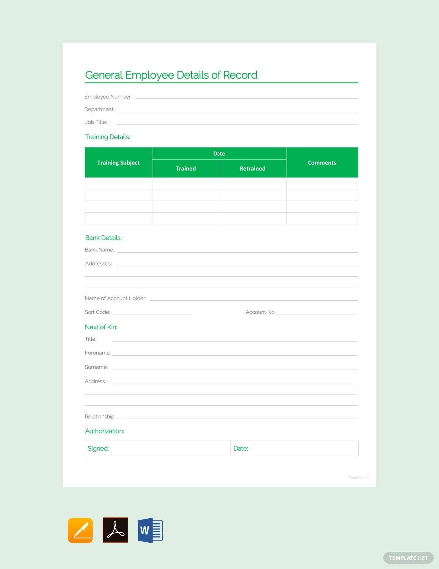 General Employee Details of Record Template in Pages, PDF, Word, Google Docs - Download | Template.net