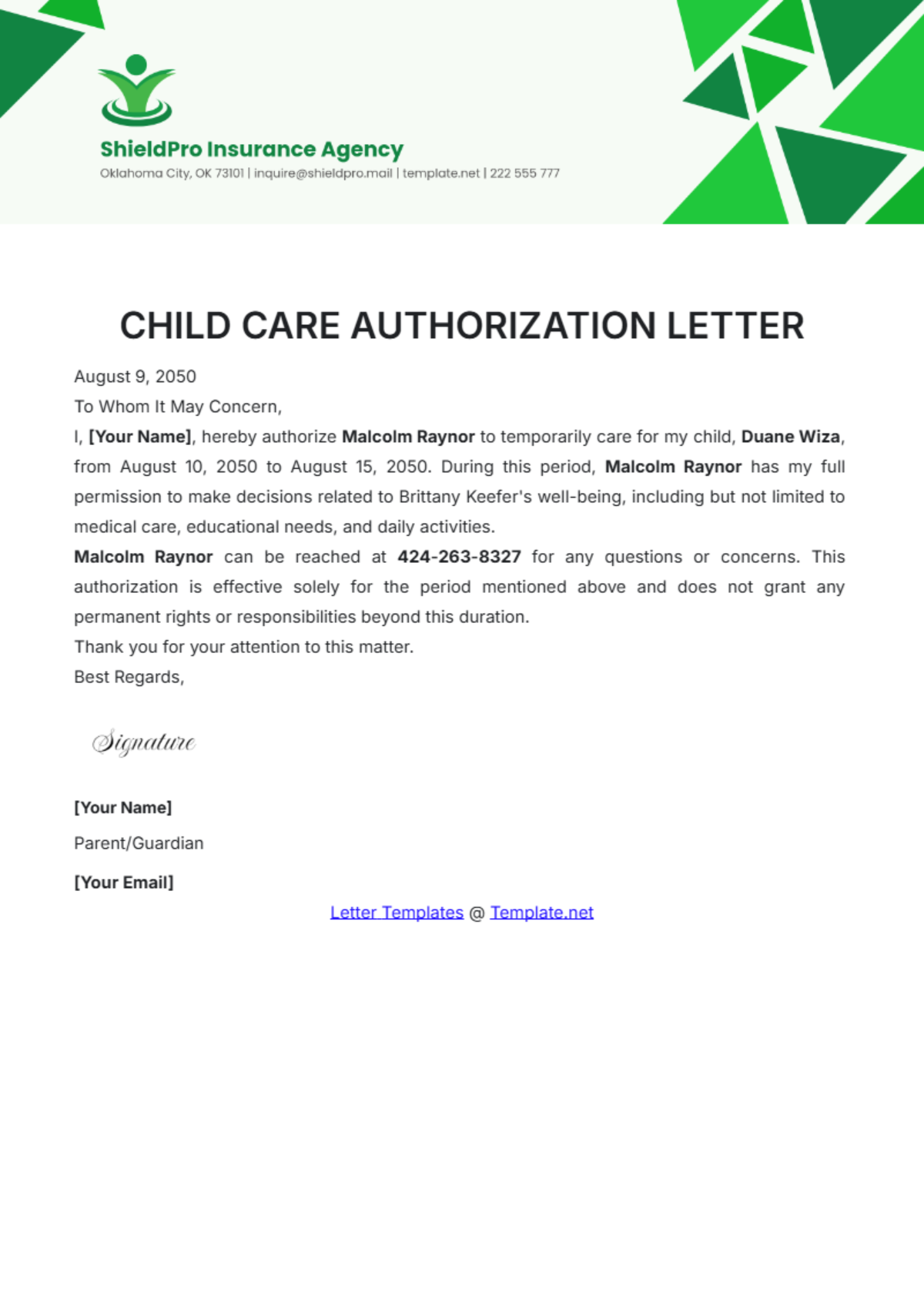 Free Child Care Authorization Letter Template