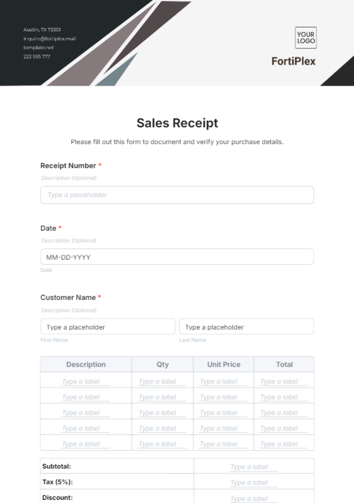 Free Sample Sales Receipt Form Template