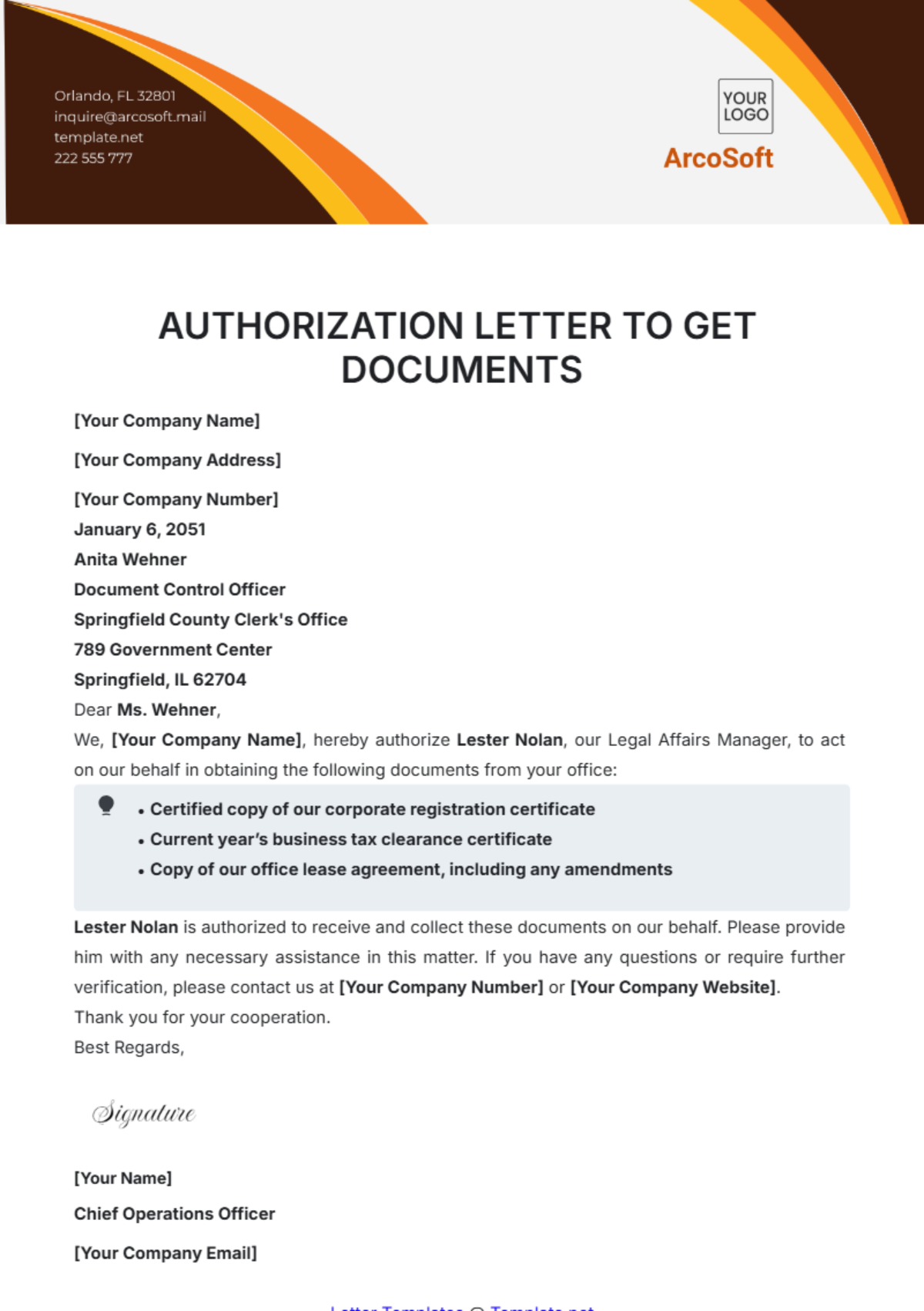 Free Authorization Letter to Get Documents Template