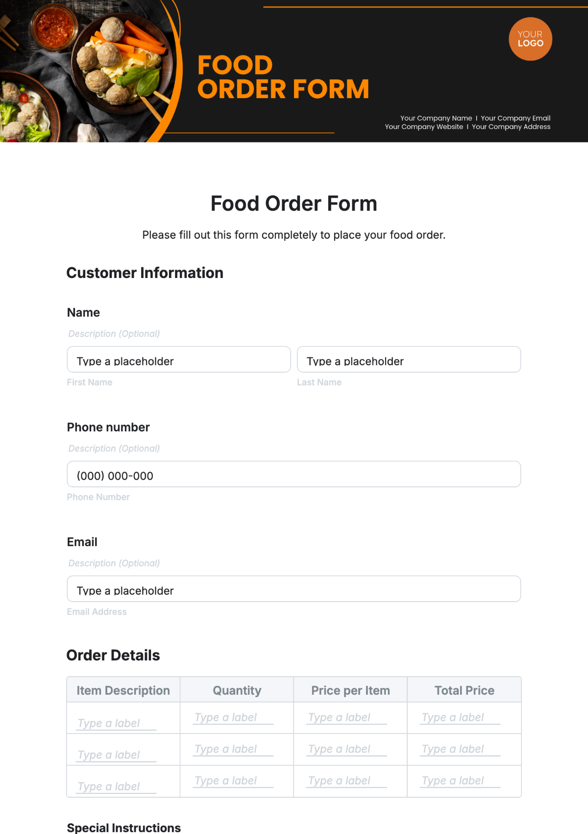 Free Food Order Form Template