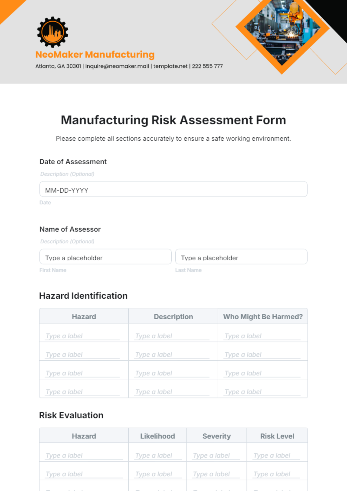 Manufacturing Risk Assessment Form Template - Edit Online & Download