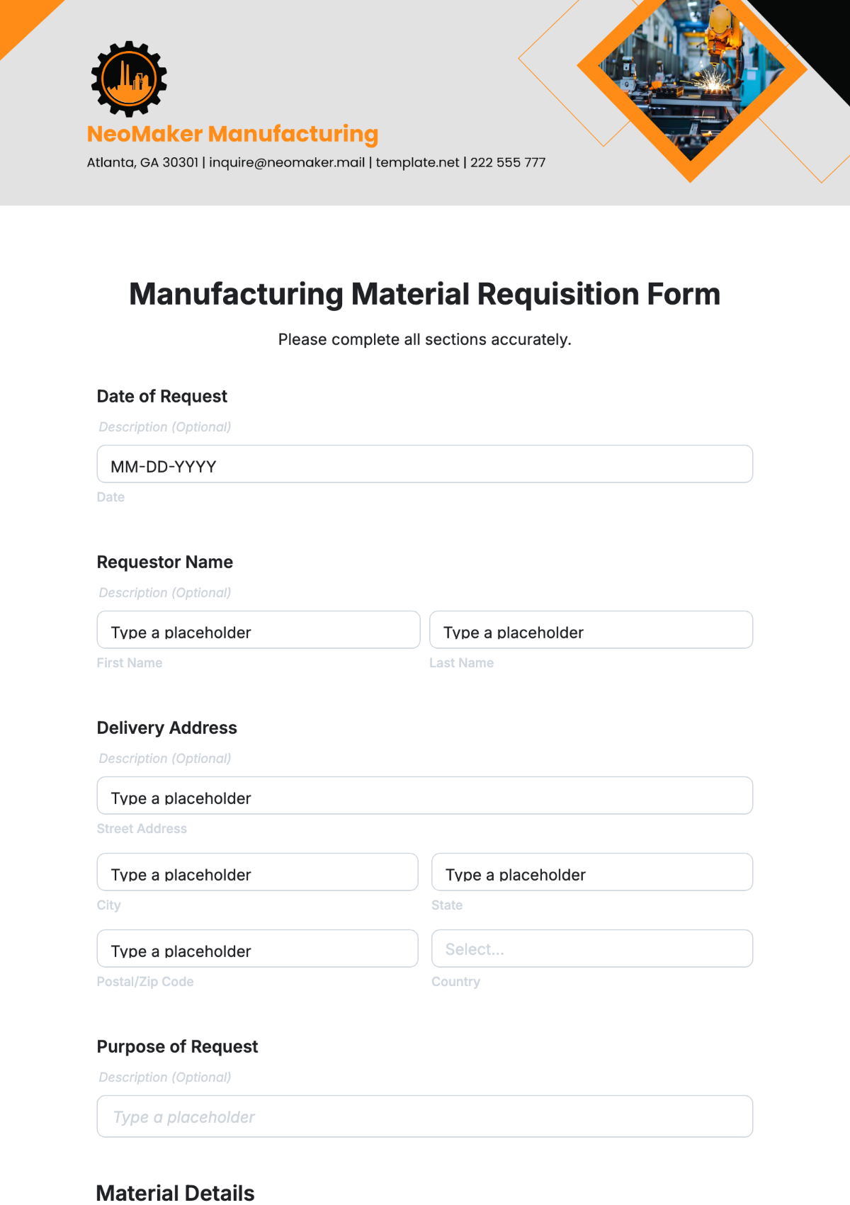 Manufacturing Material Requisition Form Template - Edit Online & Download