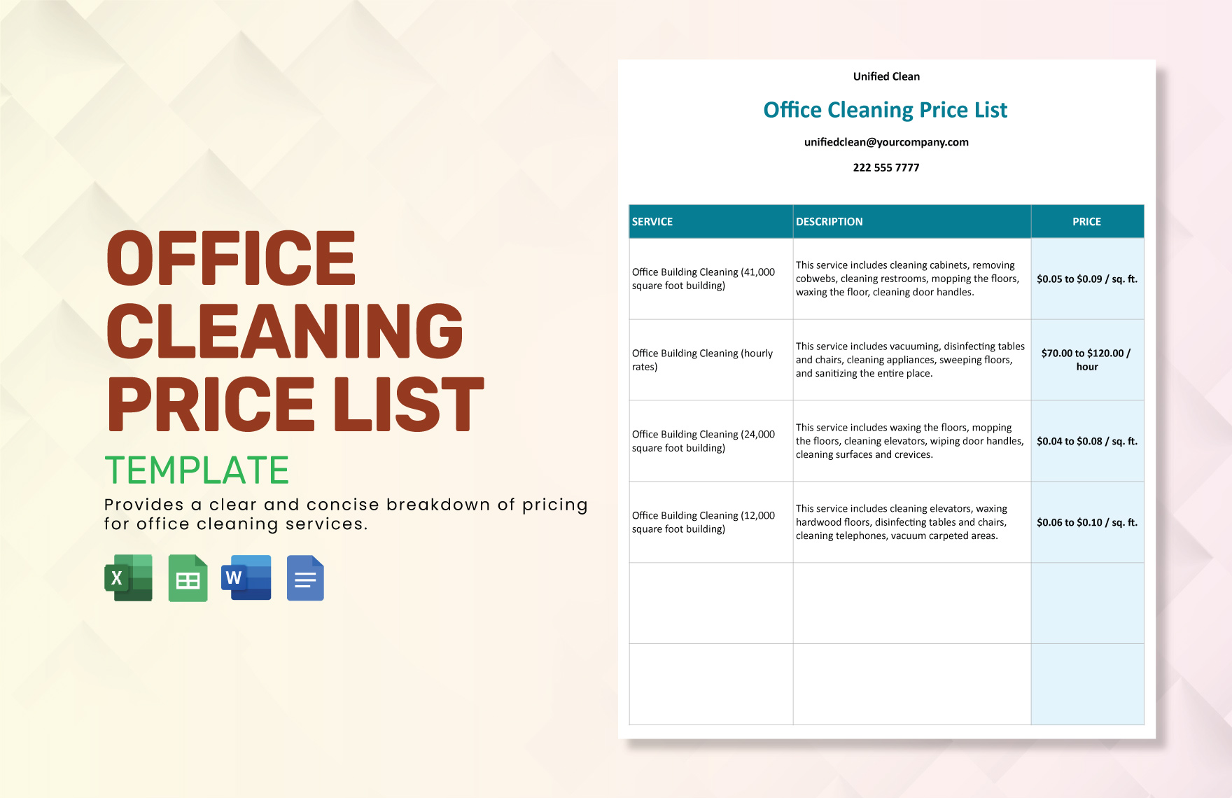 Office Cleaning Price List Template in Excel, Google Sheets, Word, Google Docs - Download | Template.net