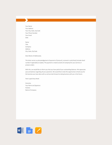 payment acknowledgement letter template