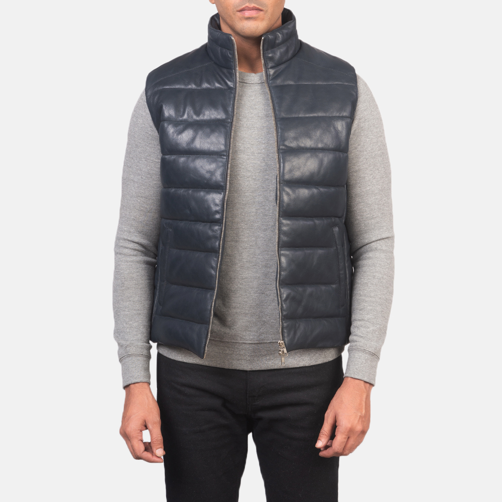 Reeves Blue Leather Puffer Vest