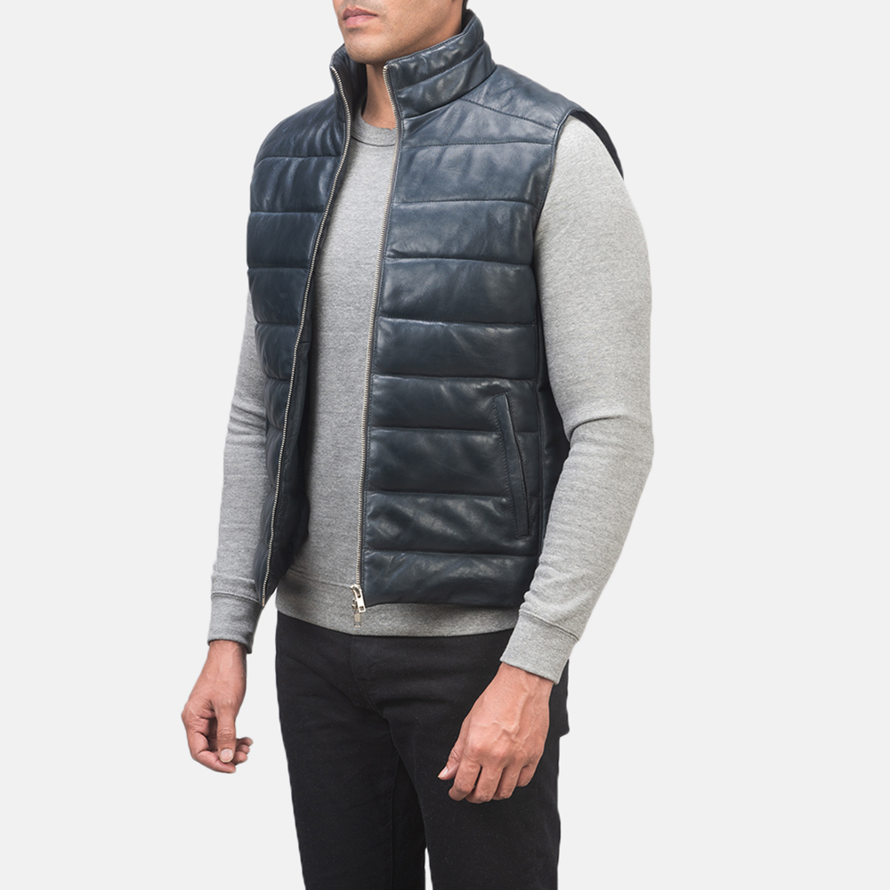 Reeves Blue Leather Puffer Vest