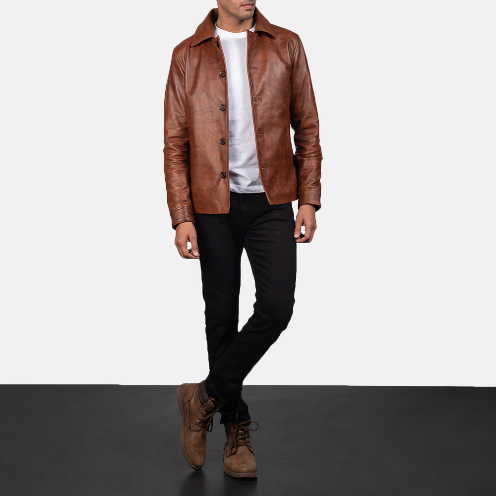 Men's Waffle Brown Leather Jacket 6