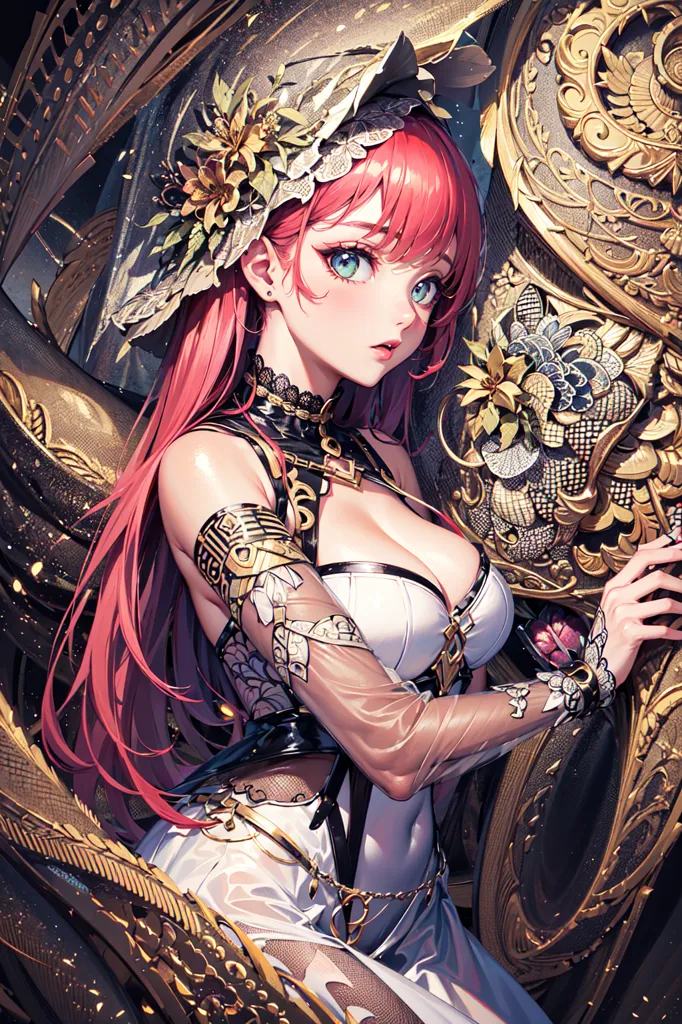 The image is a painting of a beautiful anime girl with long red hair and blue eyes. She is wearing a white and gold dress with a black choker and a gold necklace. She is standing in front of a large golden object that looks like a clock or a music box. The girl has a serious expression on her face and is looking at the viewer.