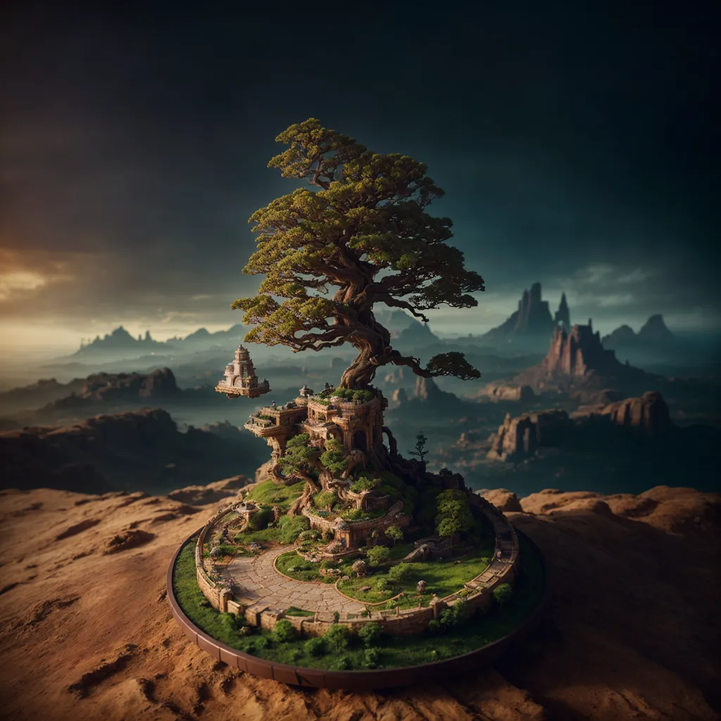 The image is a digital painting of a bonsai tree with a temple on top of it. The temple is made of white marble and has intricate carvings. The tree is surrounded by a lush green forest and there is a mountain range in the background. The sky is a dark blue and there are clouds in the distance. The image is very detailed and realistic.