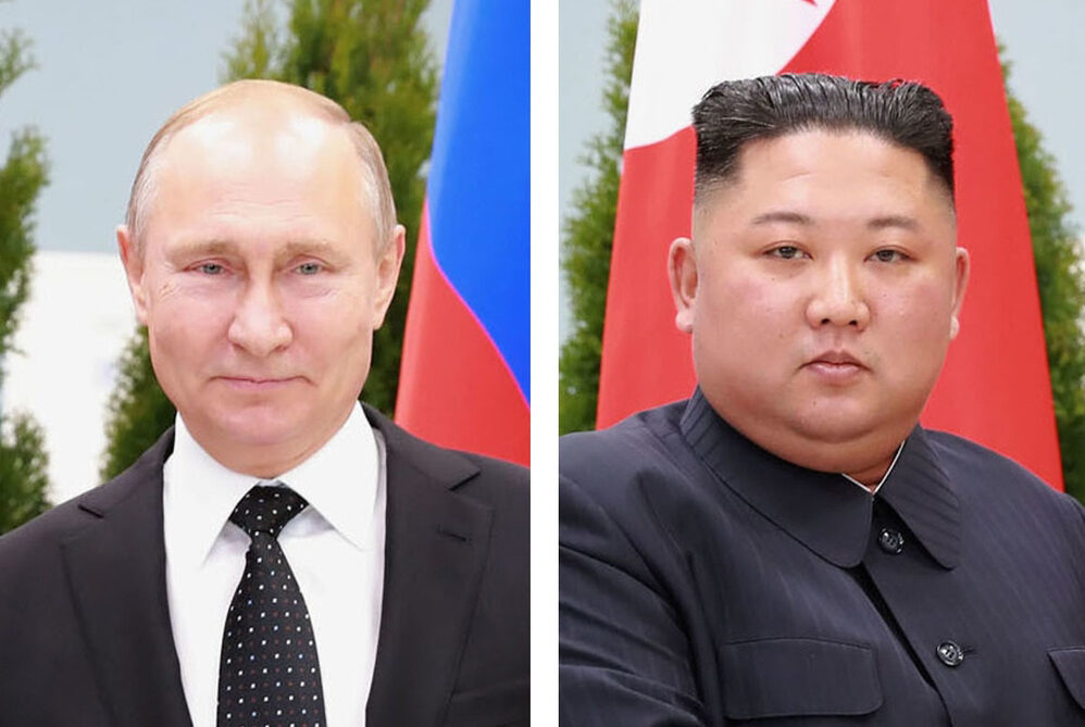 ロシアのプーチン大統領、北朝鮮の金正恩朝鮮労働党総書記（いずれも朝鮮通信＝共同）