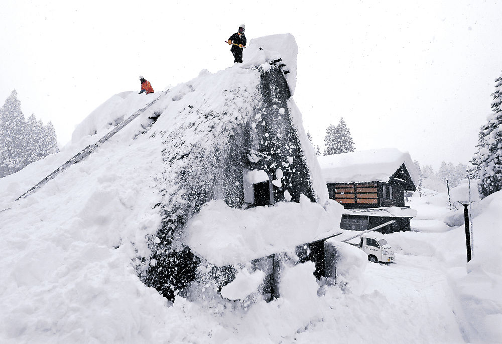 茅葺き屋根の最上部に上り、雪を落とす職員＝９日午後１時、南砺市相倉