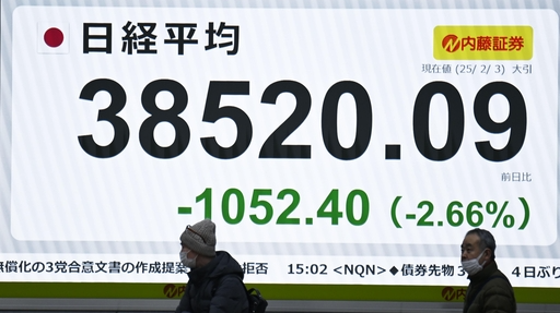 日経平均株価の終値を示すモニター＝３日午後、東京都中央区