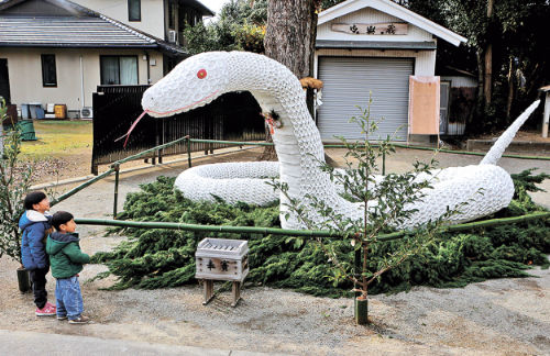 氏子らが手がけた巨大な白ヘビの干支飾り＝まんのう町吉野、大宮神社