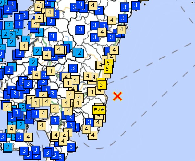 1月13日午後9時19分の地震の震度分布（気象庁ＨＰより）