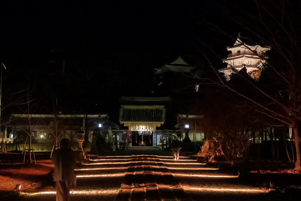 ライトアップされた亀岡公園。右奥は平戸城天守閣＝平戸市岩の上町