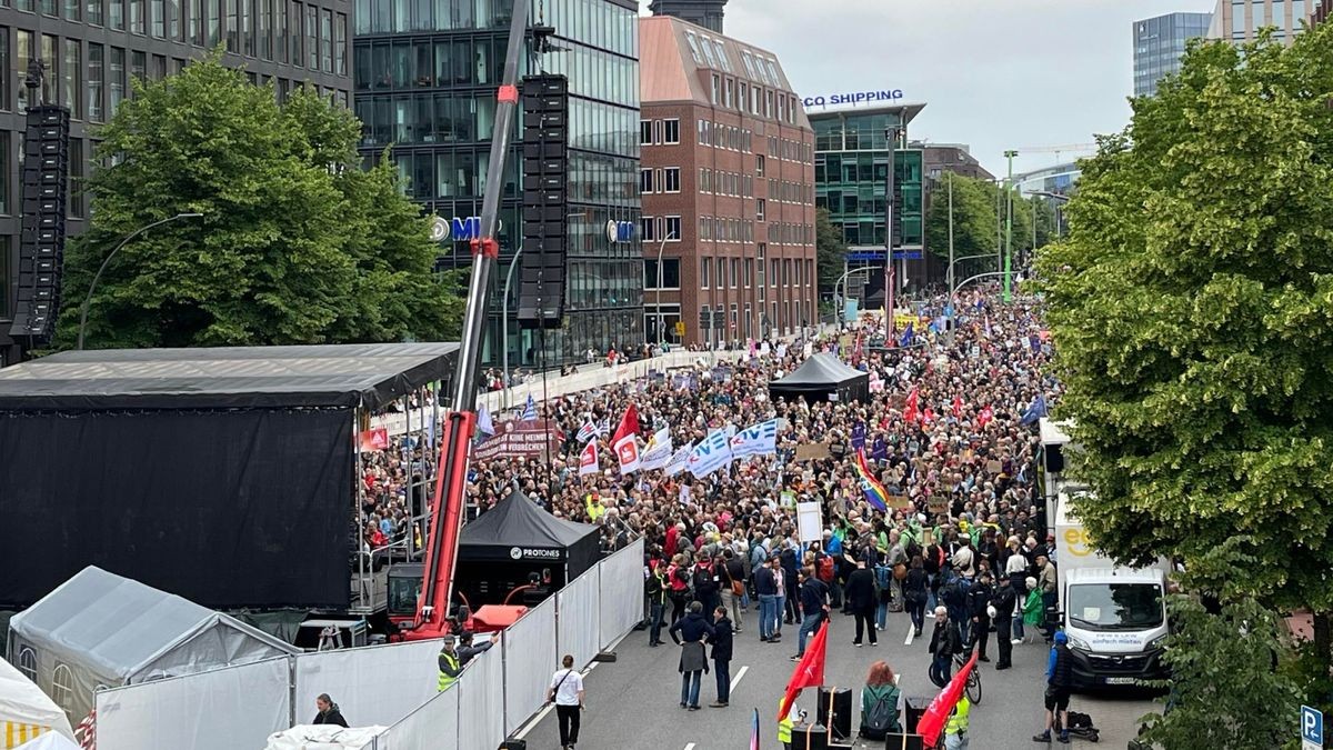 Bei der Demo gegen Rechtsextremismus in Hamburg hat sich eine bunte Menge für die Großkundgebung versammelt. Laut Schätzungen der Organisatoren setzte sich der Demozug mit rund 29.000 Teilnehmerinnen und Teilnehmern um kurz nach 17 Uhr in Bewegung.