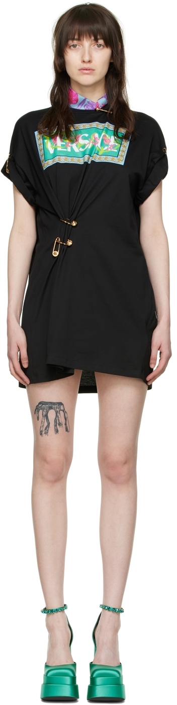 Versace Black Cotton Mini Dress In 2b070 Black+multicol