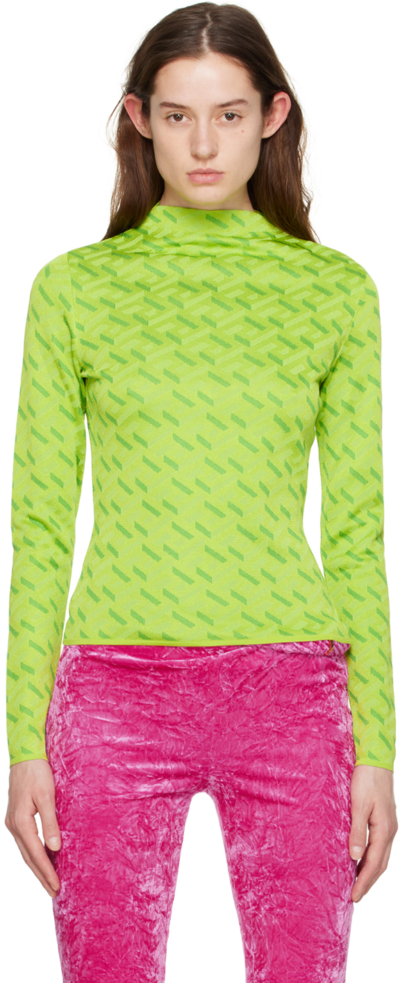 Versace Green La Greca Sweater In 5g480 Acid Green+gre