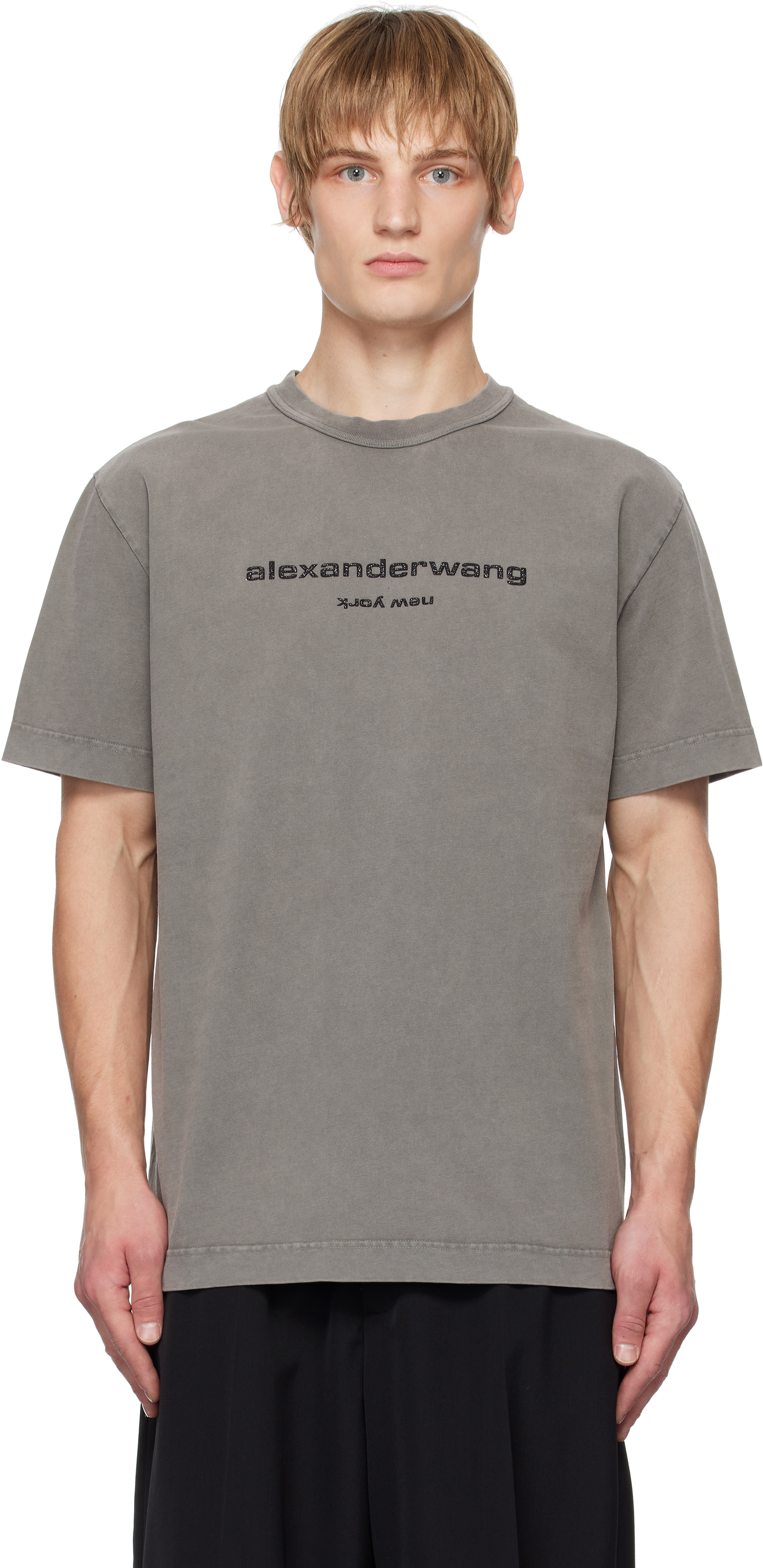 Alexander Wang Gray Glitter Puff Logo T-shirt In 032b Washed Granite