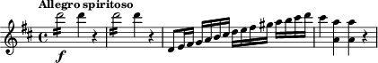 
\relative c''' {
  \tempo "Allegro spiritoso"
  \key d \major
  d2:16\f d4 r |
  d2:16 d4 r |
  d,,8 e16 fis g a b cis d e fis gis a b cis d |
  cis4 <a a,> q r
}
