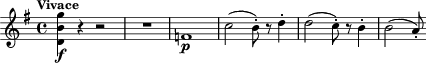 { \tempo "Vivace" \time 4/4 \key g\major <d' b' g''>4\f r r2 | R1 | f'1\p | c''2( b'8)-. r d''4-. | d''2( c''8)-. r b'4-. | b'2( a'8)-. }