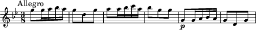 \relative c'' { \clef treble \key g \minor \time 3/8 \mark "Allegro"
g'8 g16 a bes a g8 d g a a16 bes c a bes8 g g g,\p g16 a bes a g8 d g}