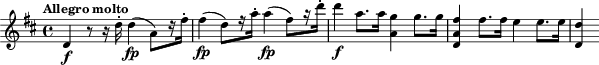 
\relative c' {
  \key d \major
  \tempo "Allegro molto"
  d\f r8 r16 d'16-. d4\fp (a8) [r16 fis'-.] fis4\fp (d8) [r16 a'-.] a4\fp (fis8) [r16 d'-.] d4\f a8. a16 <g a,>4 g8. g16 <fis a, d,>4 fis8. fis16 e4 e8. e16 <d d,>4
}
