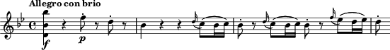 { \tempo "Allegro con brio" \time 4/4 \key bes\major <d' bes' bes''>4\f r f''8\p-. r d''-. r | bes'4 r r \appoggiatura d''16 c''8( bes'16 c'') | bes'8-. r \appoggiatura d''16 c''8( bes'16 c'') bes'8-. r \appoggiatura f''16 es''8( d''16 es'') | d''8-. }