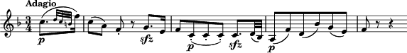 { \tempo "Adagio" \time 3/4 \key f\major \partial 4 c''8.[(\p \grace { d''32 c'' b' } f''16)] | c''8( a') f'8\noBeam-. r g'8.\sfz e'16 | f'8[ c'8(\p-. c'-. c'])-. c'8.\sfz d'32( bes) | a8(\p f') d'( bes') g'( e') | f'8 r8 r4 }