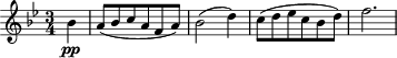 { \time 3/4 \key bes\major \partial 4 bes'4\pp | a'8( bes' c'' a' f' a') | bes'2( d''4) | c''8( d'' es'' c'' bes' d'') | f''2. | }