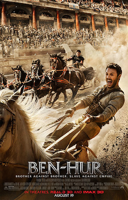 Ben-Hur riding on a chariot with the slogan "First to Finish. Last to Die"