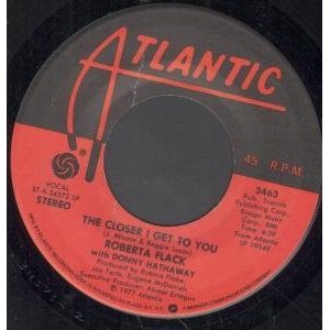 The cover of a 45 R.P.M. single published by Atlantic Records. The song is "The Closer I Get to You" by Roberta Flack with Donny Hathaway