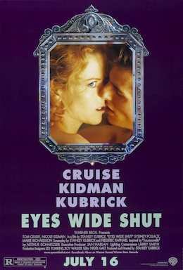 A framed image of a nude couple kissing – she with her eye open – against a purple background. Below the picture frame are the film's credits.