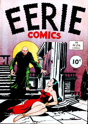 Comic book cover shows a bald, robed man moving toward a frightened woman on the floor in a strapless dress. Her hands and feet are bound. Price of the comic is listed as 10 cents.