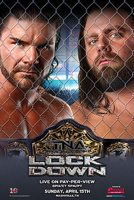 Promotional poster featuring two adult white males standing behind chainlink fencing.