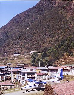 Looking across the township of Lukla, with the air strip of Lukla Airport in the foreground