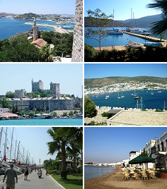 Clockwise from top left: 1st: View of Bodrum from castle of St.Peter, 2nd: Port Atami, 3rd: A view of Bodrum, 4th: Seaside at Bodrum , 5th: Marina in Bodrum, 6th: Bodrum Castle.